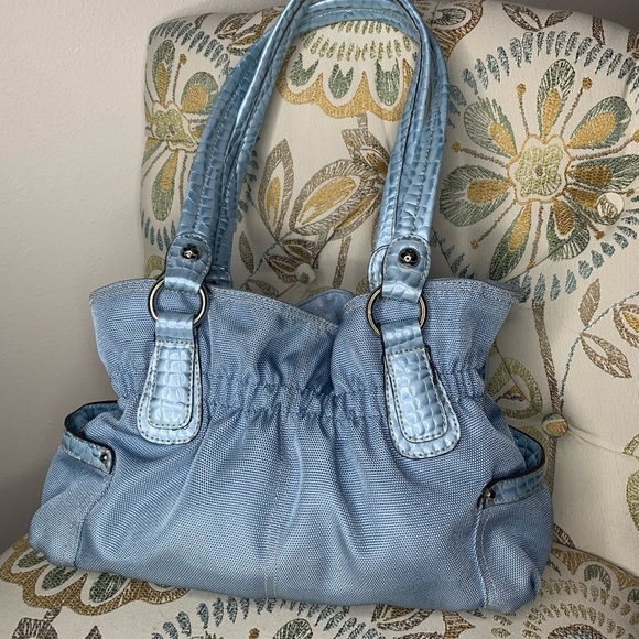 Kathy Van Zeeland Croc Blue Shimmer Belt Handbag - Picture 4 of 5